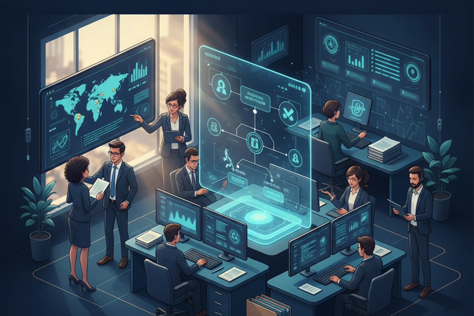 call center assistant approval evidence matrix editorial illustration