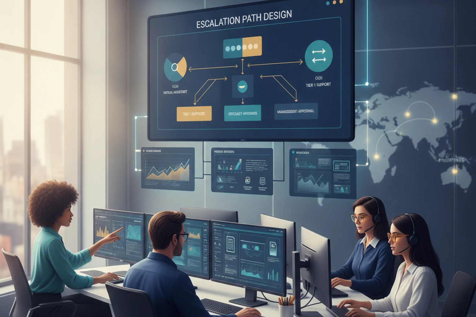 call center assistant escalation path design editorial illustration