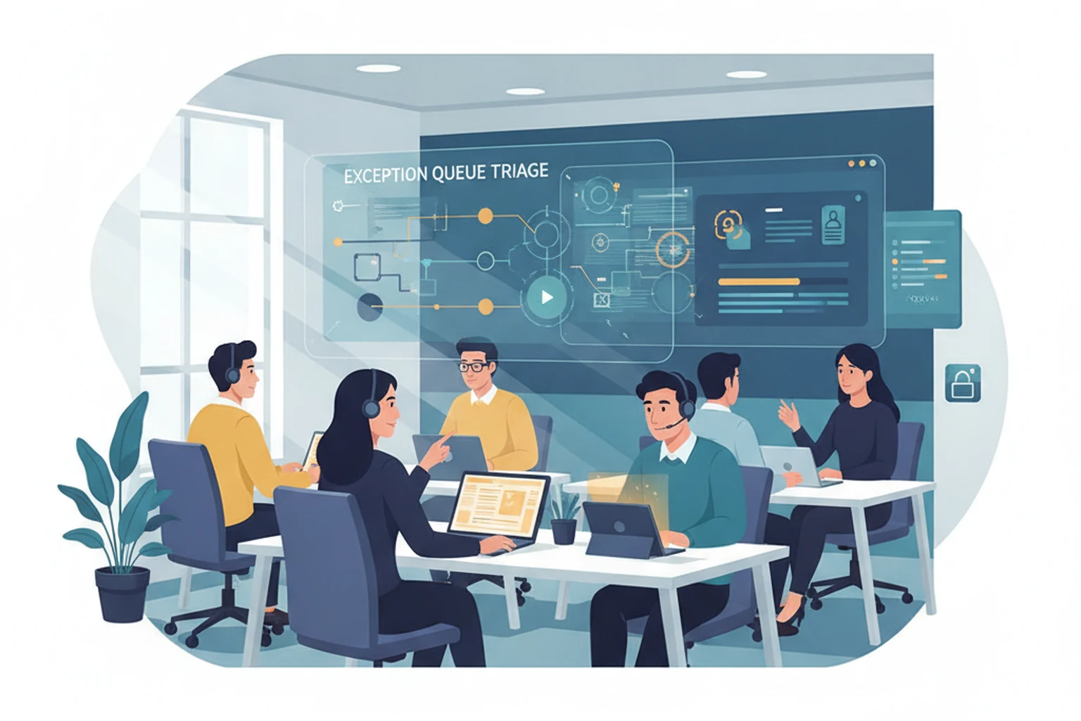 call center assistant exception queue triage editorial illustration