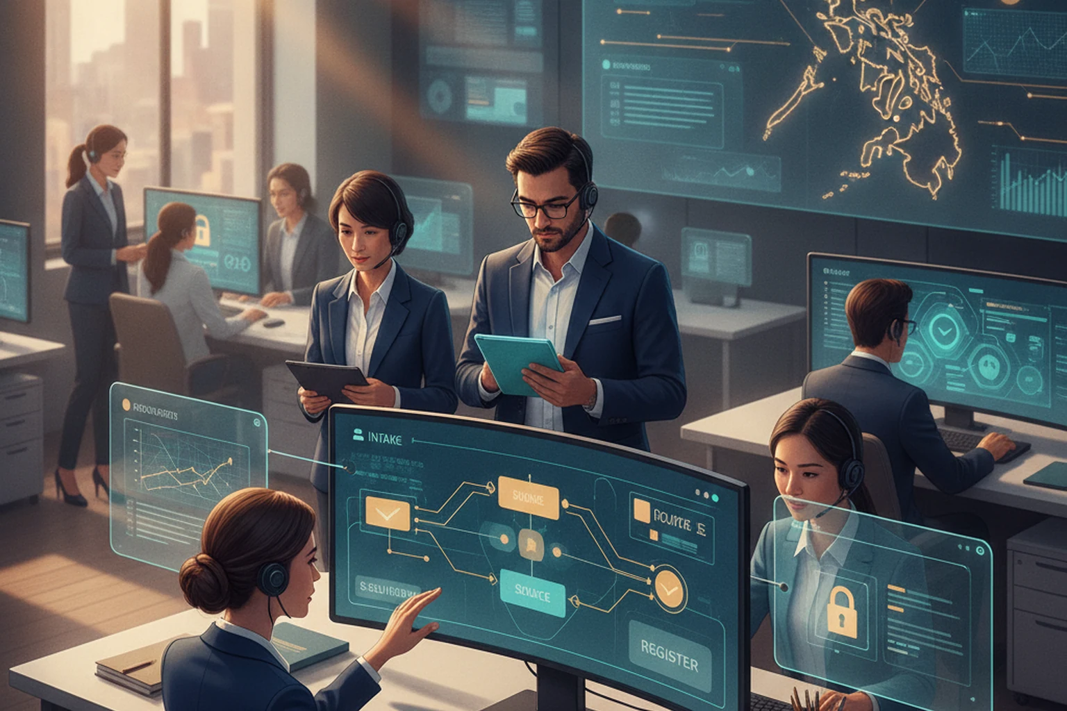 call center assistant intake source register editorial illustration