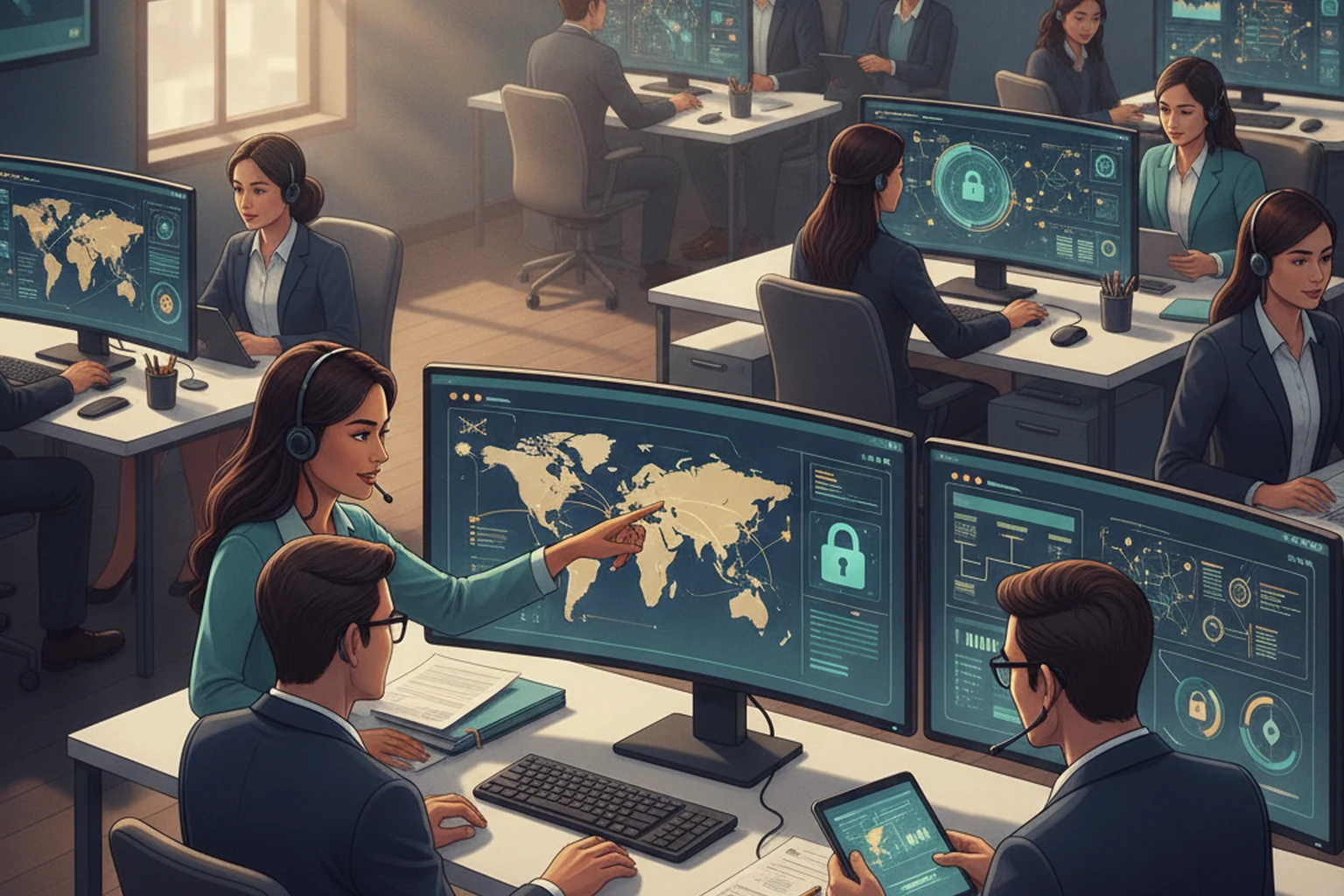 call center assistant launch readiness review editorial illustration