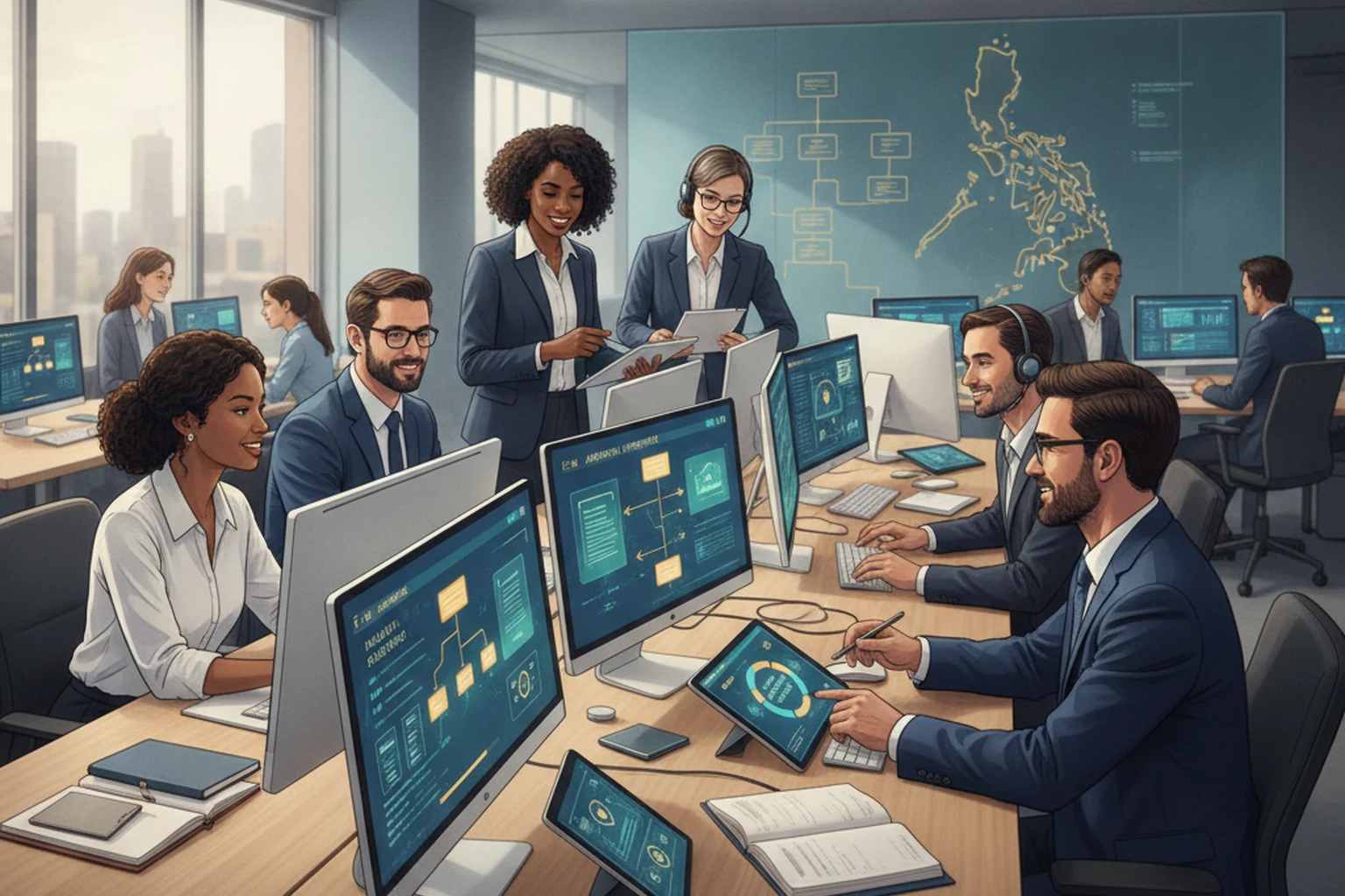 call center assistant quality review cadence editorial illustration
