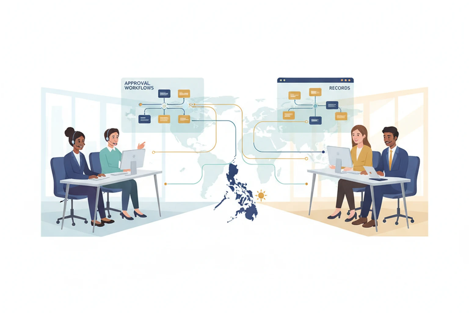 call center assistant work queue ownership editorial illustration